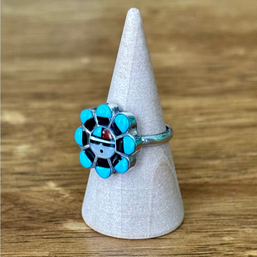 Traditional Zuni Sunface SIGNED Native American Ring Turquoise Coral Sterling